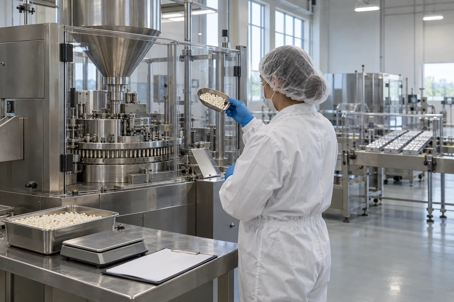 Technician checking a scoop of capsules beside a capsule filling machine