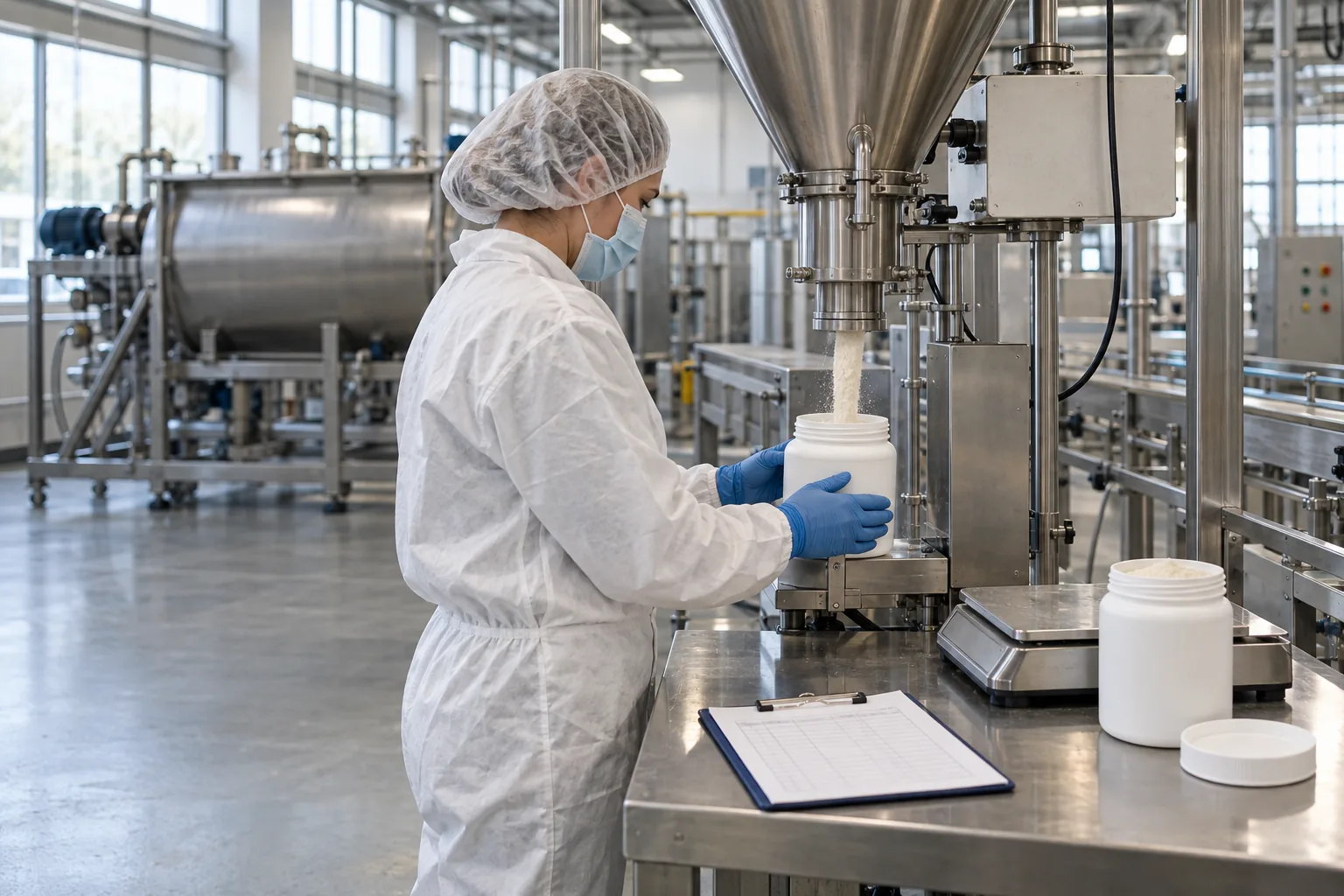 Operator in cleanroom gear filling a white tub under a stainless powder filler