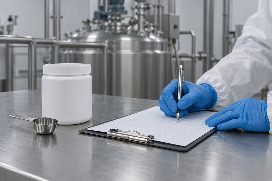 Gloved hands signing a batch record
